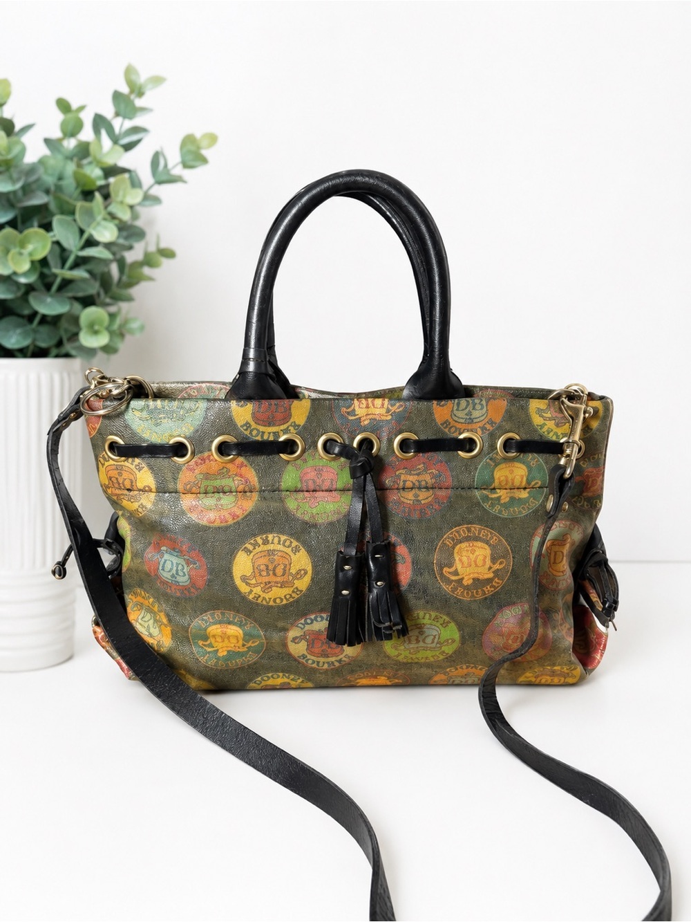 Dooney & Bourke Vintage Y2K Multicolor Medallion Logo Canvas Tote Shoulder Bag